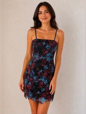 Anthropologie Black Lace Strapless Mini Dress with Blue and Burgundy Floral